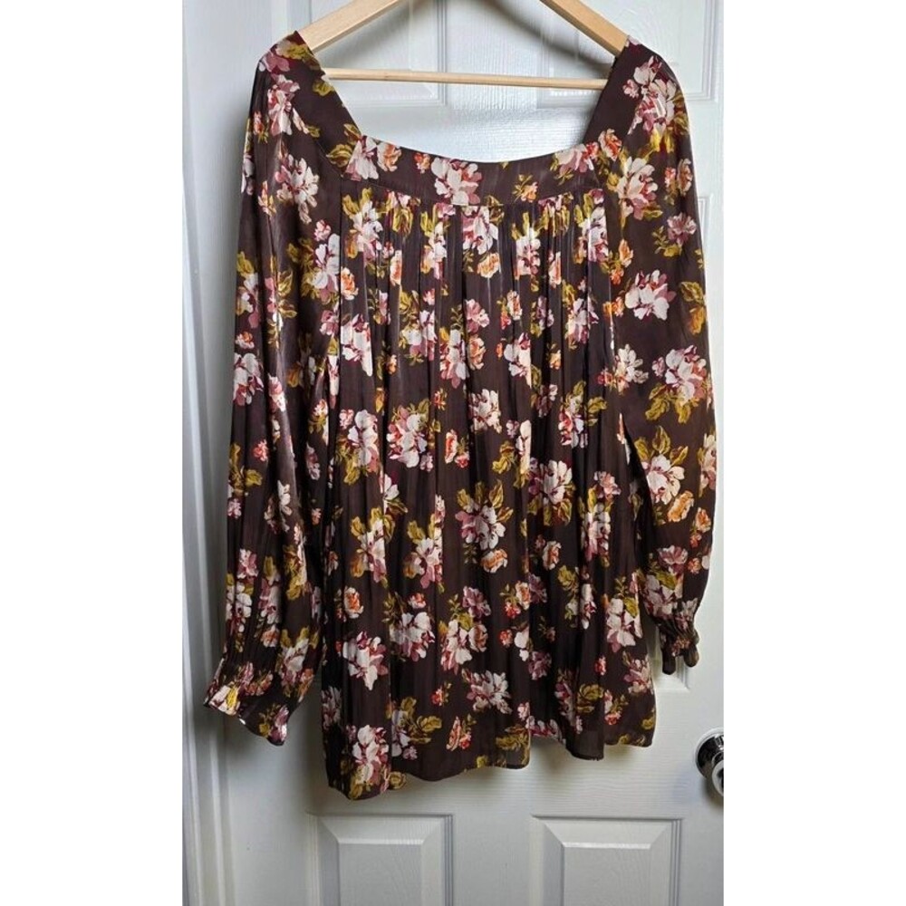 LC Lauren Conrad Brown Floral Square Neck Blouse Chiffon Shimmer Top - 2X